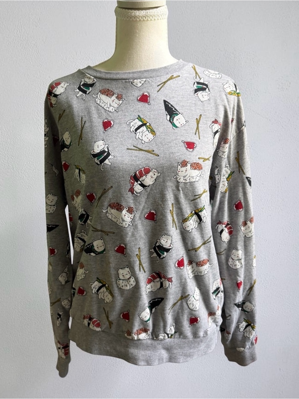 Women's Divided H&M Grey Cat Sushi Crewneck Sweatshirt Sz M